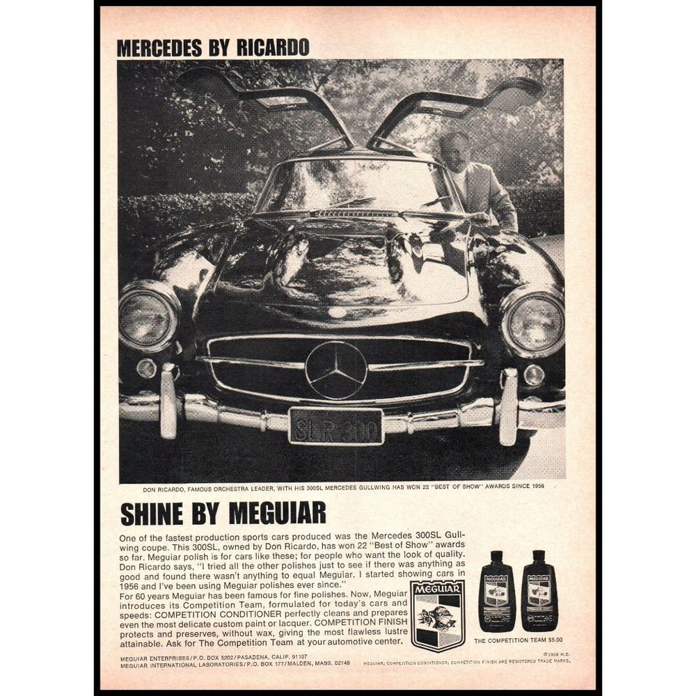 1969 Meguiar Car Wax Mercedes 300SL Gullwing Vintage Print Ad Don Ricardo Photo